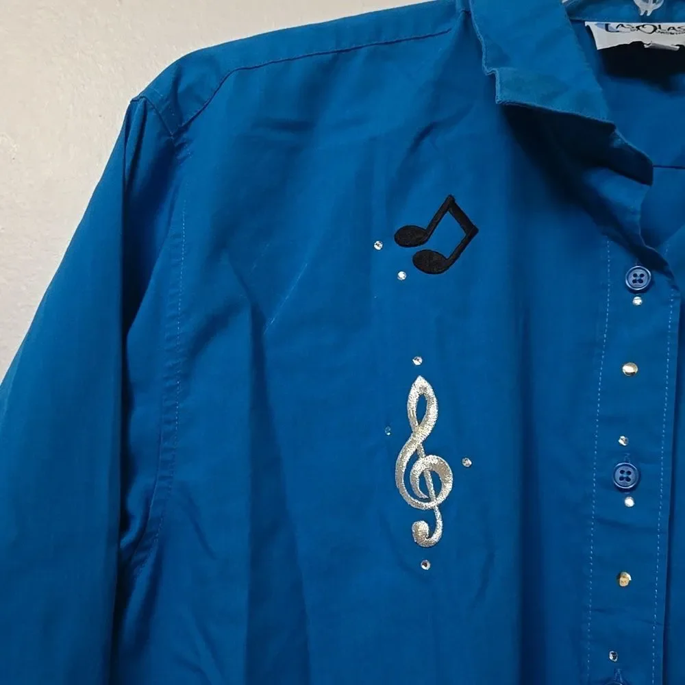 Las Olas Womens Size LARGE Embroidered BLUE Music Notes Button-Down Shirt - Picture 3 of 9